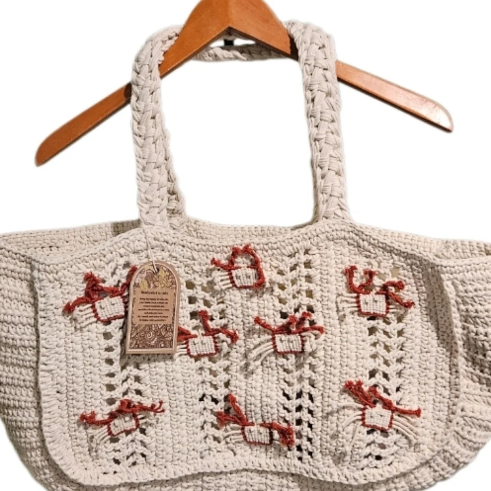NEW! Handcrafted In India Macrame Crochet Boho Style Purse Bag Beach Tote.